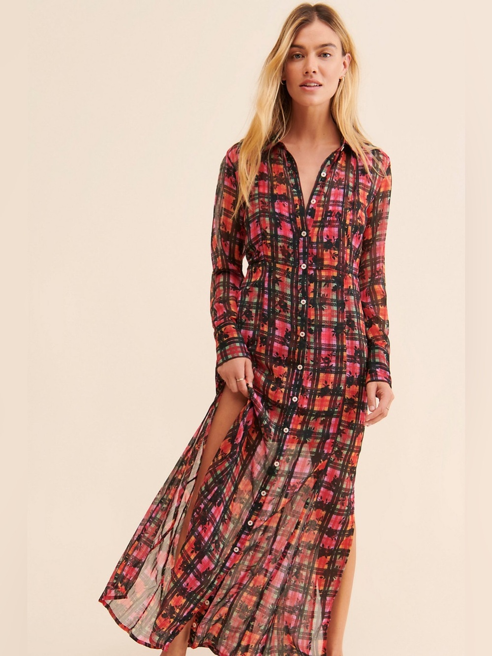 Free People Jerra Multicolor Plaid Floral Shirt Dress, Size Small